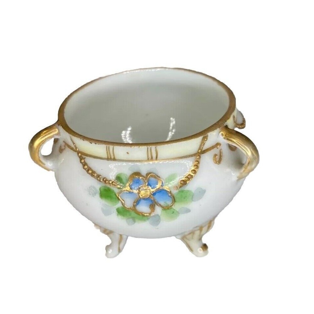 Nippon Hand‎ Painted 3-Footed Bowl Flowers Gold Trim & Beading